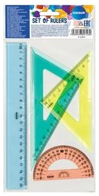 Rasēšanas komplekts krāsainais (20cm lineāls, 2trīsstūri, transportieris)