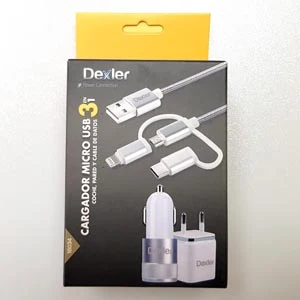 DEXLER 3in1 universālais lādētāju komplekts - sienas lādētājs 1 1A / automašīnas lādētājs 2 USB 2.1A / Micro USB, Type-C, Lighning kabelis