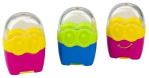 Zīmuļu asināmais plastmasas "Minions", ar savācēju, ar 2nažiem, ar dzēšgumiju