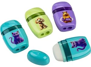 Zīmuļu asināmais plastmasas, ar savācēju, ar 2nažiem, ar dzēšgumiju  "Cartoon Animals"