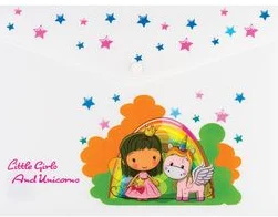 Envelope plastic A4 with button "Unicorns" 0.18mm assorted PP