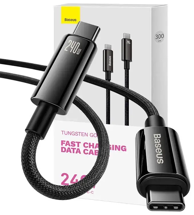 Duomenų perdavimo ir įkrovimo laidas Baseus Tungsten Gold | USB-C į USB-C | 240W | 3 m | juodas