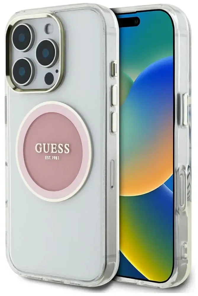 Чехол для телефона Guess IML Металлический Разноцветный Круг Классическое Лого MagSafe для iPhone 16 Pro Max розовый