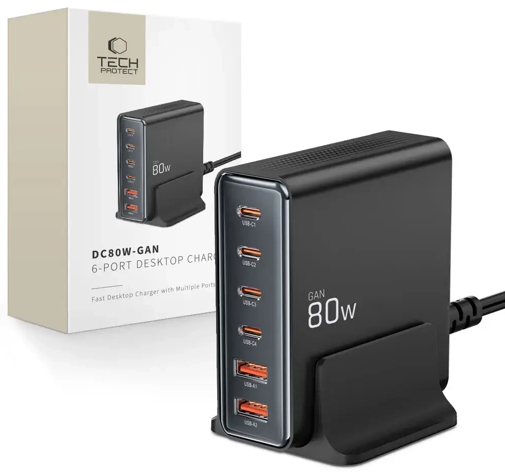 TECH-PROTECT DC80W tīkla lādētājs | 80W | GaN, PD, QC3.0 | USB-A | melns