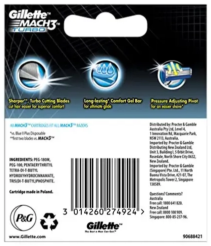 Gillette Mach3 Turbo Razor Blades for Men Blades Stronger Than Steel - Pack of 8