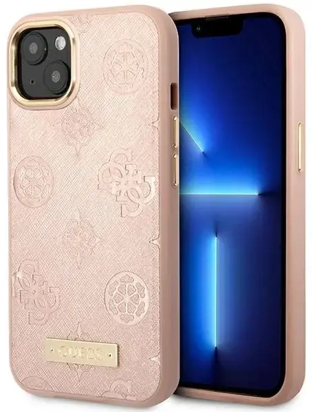 Guess GUHMP14SSAPSTP iPhone 14 6,1" rozā cietais maciņš Peony Logo Plate MagSafe