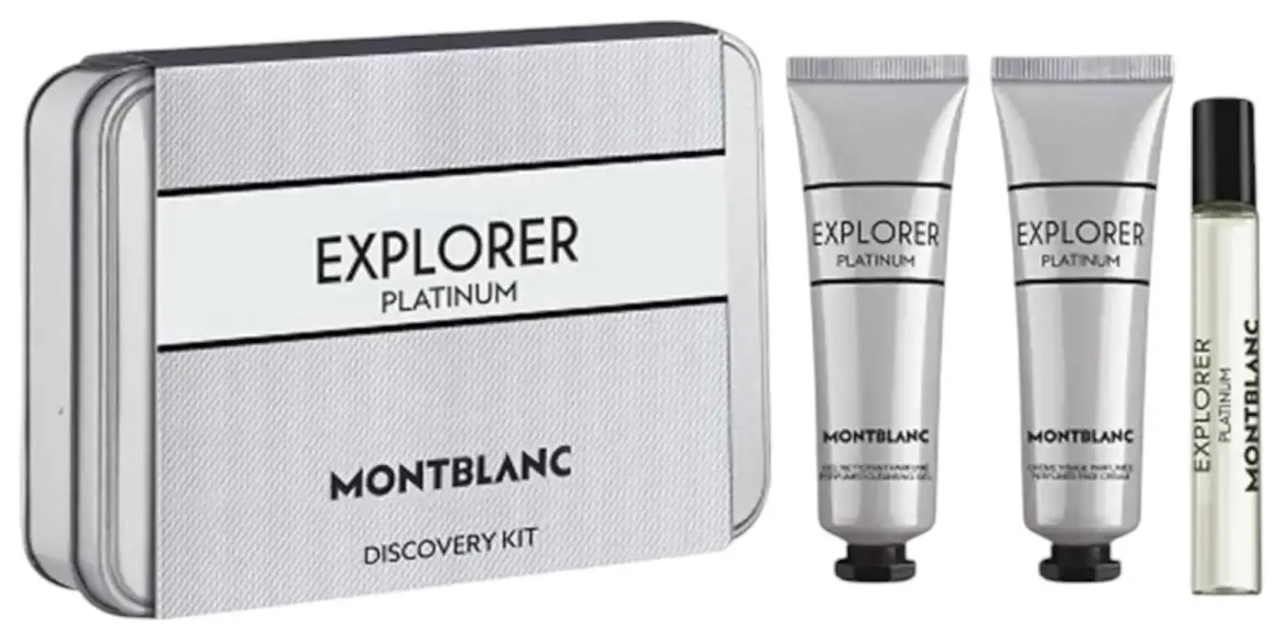 Set Montblanc: Explorer Platinum, Eau De Parfum, For Men, 7.5 ml + Explorer Platinum, Hydrating, Cream, For Face, 30 ml + Explorer Platinum, Hydrating, Shower Gel, All Skin Types, 30 ml