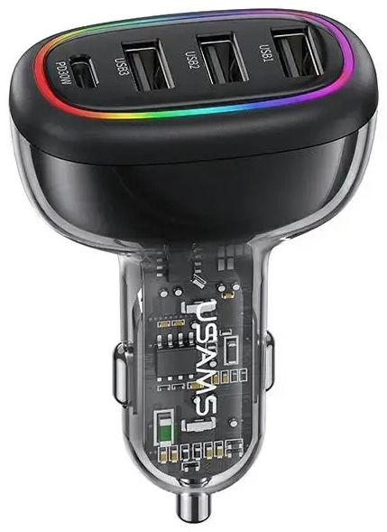 USAMS Ład. sam. 1xUSB-C 3xUSB-A C34 3A+C PD Fast Charge CC170CC01 automašīnas lādētājs | 48W | PD | USB-C, USB-A | bez USB-C vada iekļauts | melns
