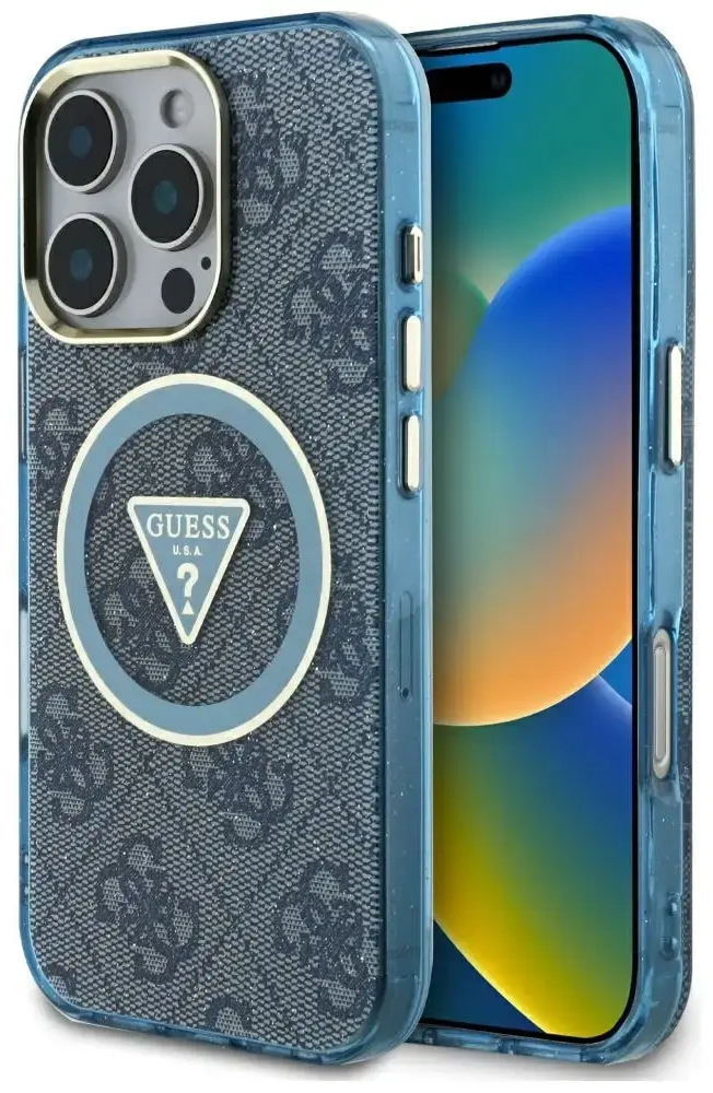 Guess IML Metal Glitter 4G Circle Triangle telefona maciņš priekš iPhone 16 Pro Max zils ar MagSafe