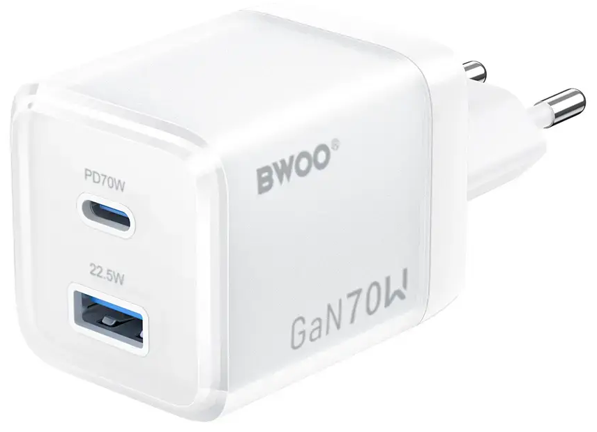 BWOO CDA224 tīkla lādētājs | 70W | PD, QC, GaN | USB-A, USB-C | balts