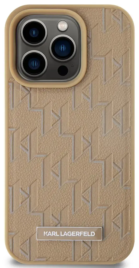 Karl Lagerfeld PU Leather Monogram Metal Logo MagSafe Case for iPhone 14 Pro Max Beige