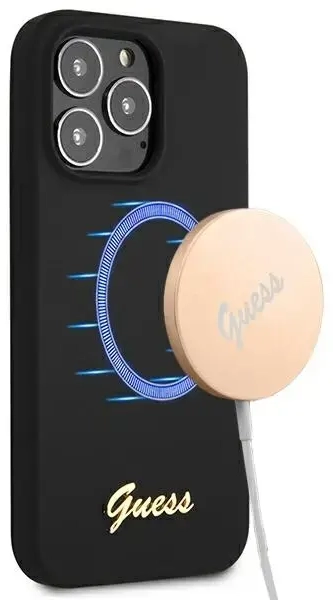 Guess GUHMP13LLSLMGBK iPhone 13 Pro | 13 6,1" black|czarny hardcase Silicone Script Gold Logo MagSafe