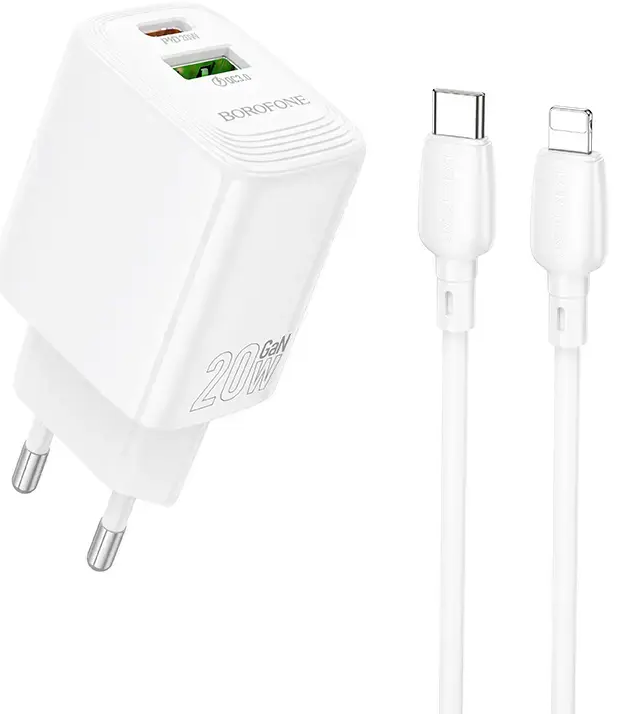 Borofone BN27 Fuente tīkla lādētājs | 20W | PD, QC, PPS | USB-C, USB-A | ar USB-C uz Lightning vadu komplektā | balts