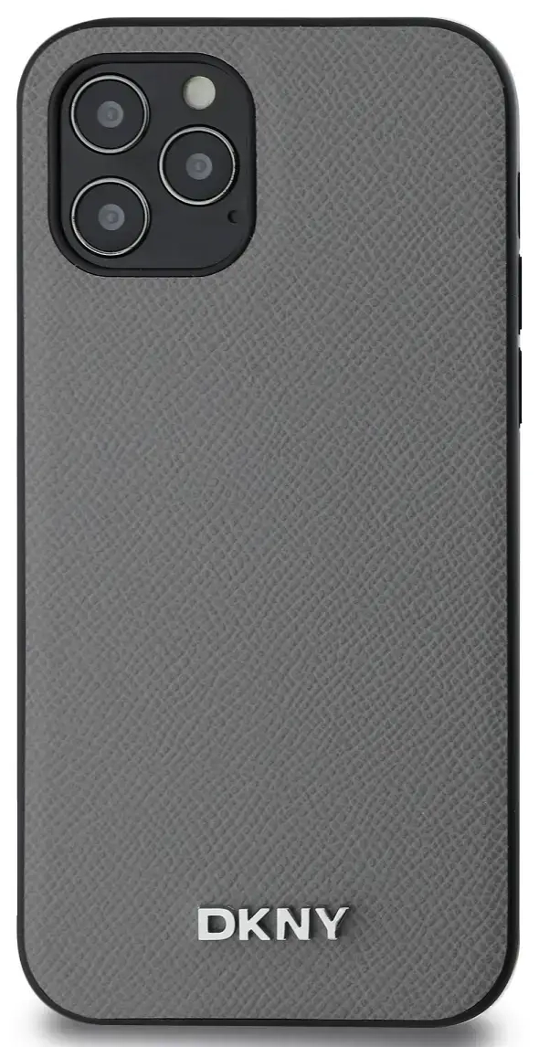 DKNY PU Leather Silver Metal Logo Magsafe Case for iPhone 12|12 Pro Grey