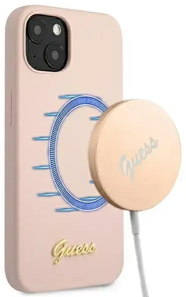 Guess GUHMP13MLSLMGLP iPhone 13 6,1" jasnoróżowy|light pink hardcase Silicone Script Gold Logo Magsafe
