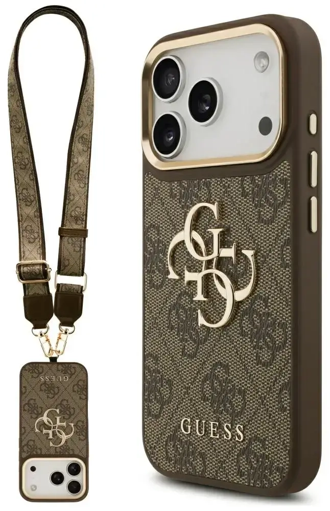 Guess 4G Big 4G Classic Logo Big Strap Metal Buttons Case for iPhone 17 Pro Brown