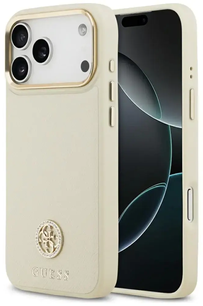 Guess Grained Strass Logo maciņš ar MagSafe atbalstu telefonam iPhone 17 Pro Max bēšs