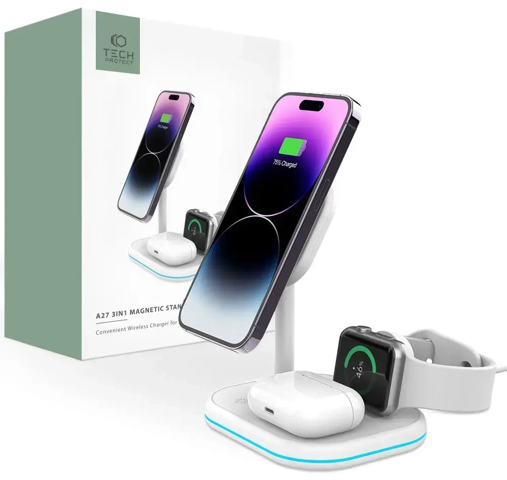 Tech-Protect QI15W-A27 беспроводная зарядка 3-в-1 | Qi | Совместима с MagSafe | 15W | белая