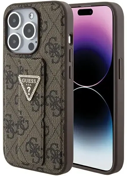 Guess GUHCP15LPGS4TDW iPhone 15 Pro 6.1" brązowy|brown hardcase Grip Stand 4G Triangle Strass