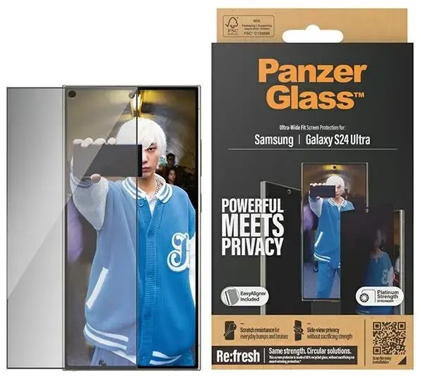 PanzerGlass Ultra-Wide Fit privacy tempered glass for phone Samsung Galaxy S24 Ultra (privacy effect) with Easy Aligner Included