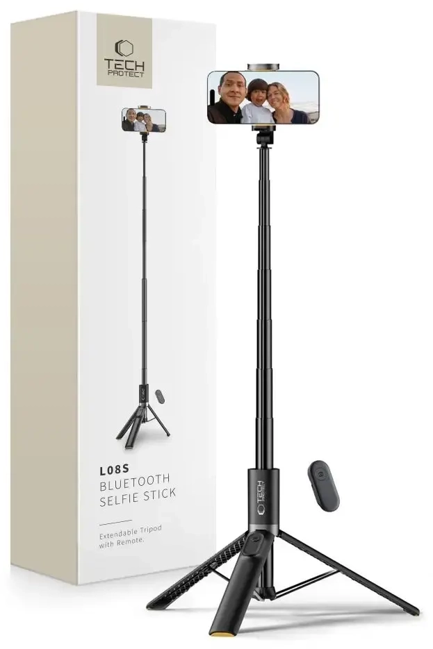 Tech-Protect L08S Bluetooth selfie stick with remote control, tripod up to 141cm - black