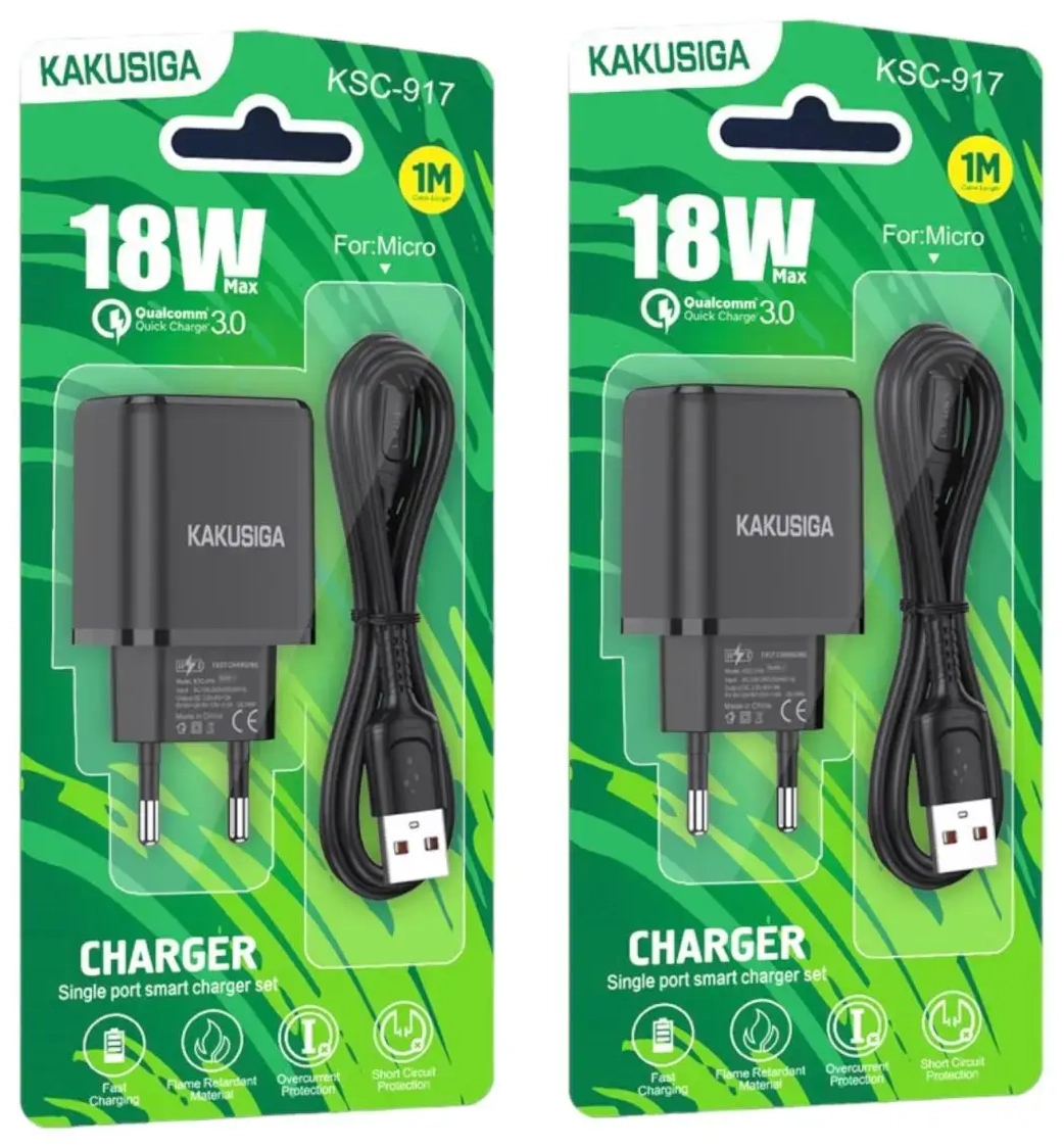 KAKUSIGA KSC-917 travel charger | 18W | USB-A | with USB-C to USB-C cable included | black
