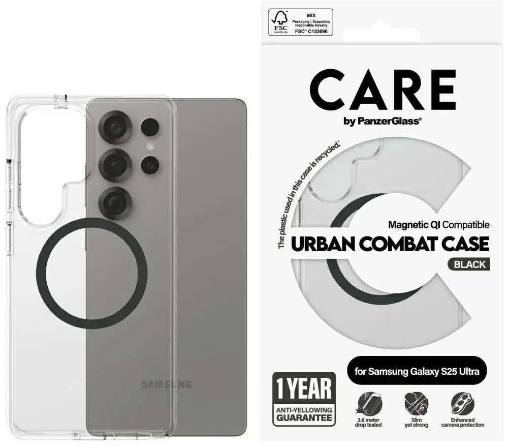 CARE by PanzerGlass Flagship Urban Combat QI ümbris Samsung Galaxy S25 Ultra jaoks, läbipaistev-must