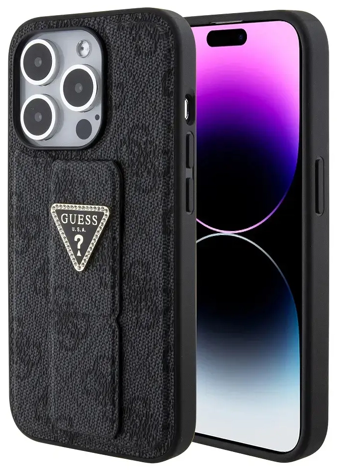 Guess PU Grip Stand 4G Strass Triangle Metal Logo Case for iPhone 15 Pro Max Black