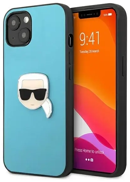 Karl Lagerfeld KLHCP13SPKMB iPhone 13 mini 5,4" niebieski|blue hardcase Leather Ikonik Karl`s Head Metal