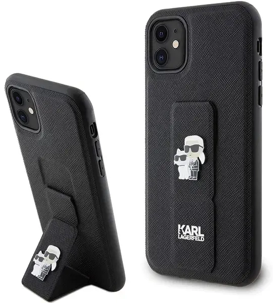 Karl Lagerfeld Gripstand Saffiano Karl&Choupette Pins case for iPhone 11 | Xr - black
