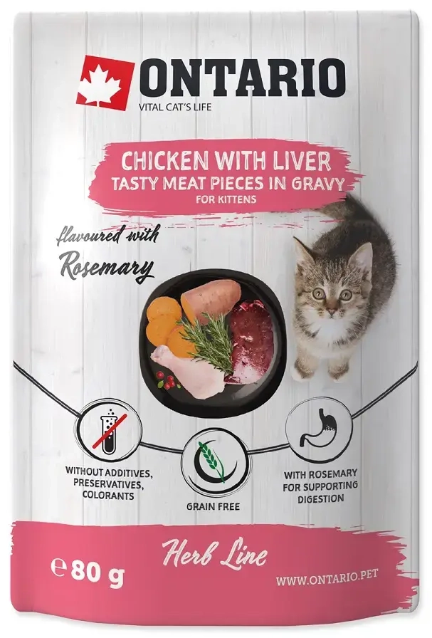 Konservai kačiukams – Ontario Herb Kitten Chicken with Liver, Sweet Potatoes, Rice and Rosemary, 80g