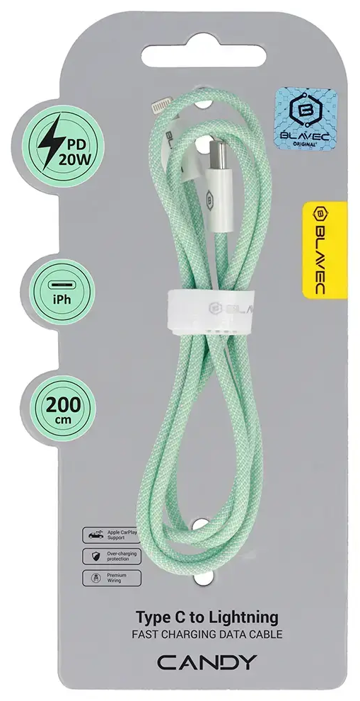 Blavec CCA-CL24GN20 andmeedastus- ja laadimiskaabel | USB-C kuni Lightning | PD | 20W | 2m | roheline