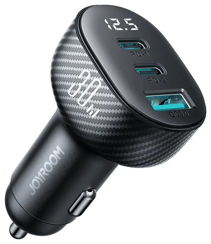 Joyroom JR-CCD04 automobilinis įkroviklis | 30W | PD, QC, PPS | USB-C, USB-A | su LCD ekranu | juodas