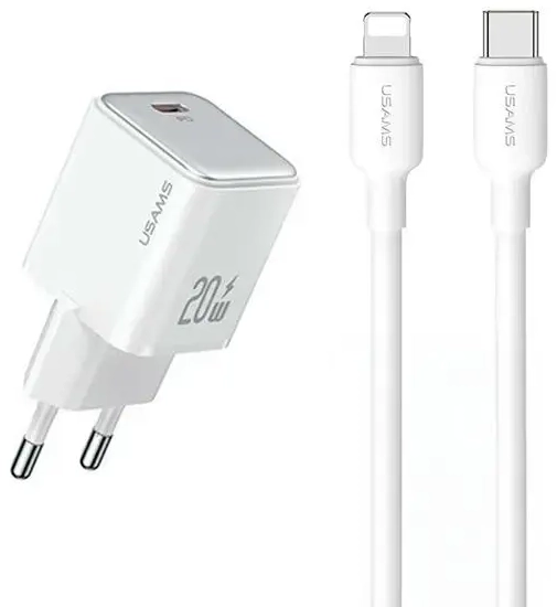 USAMS YX Series tīkla lādētājs | 20W | PD, PD3.0 | USB-C, Lightning | USB-C uz Lightning vads komplektā | balts