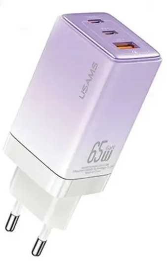USAMS Sandru Series CC180 tīkla lādētājs | 65W | GaN, PD3.0, QC3.0 | USB-C, USB-A | violets