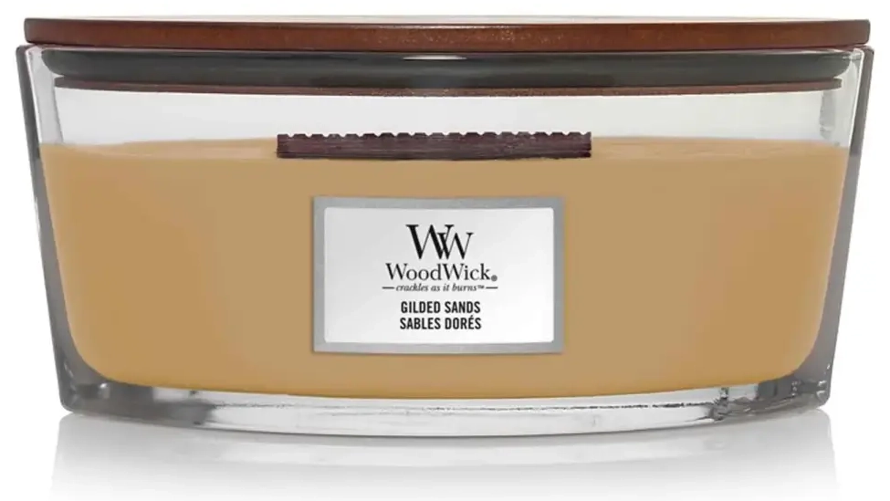 Kvapioji žvakė Woodwick Gilded Sands su medine dagtimi 453,6 g