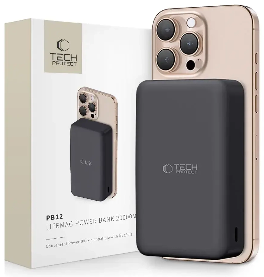 Tech-Protect PB12 LifeMag ārējais akumulators (powerbank) | 20000 mAh | 15W | USB-C, USB-A, MagSafe | melns