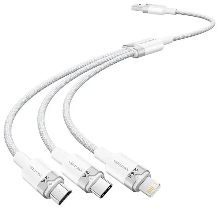 Vention CTPWG 3-in-1 andmeedastus- ja laadimiskaabel | USB-A kuni USB-C, Lightning, Micro USB | 60W | 1,5m | valge