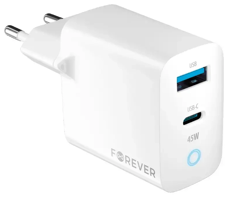 Forever TC-06 reisilaadija | 45W | PD, QC, GaN | USB-C, USB-A | valge