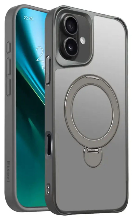 Etteri Matt Mag Ring phone case with stand and MagSafe support for iPhone 16 Plus gray