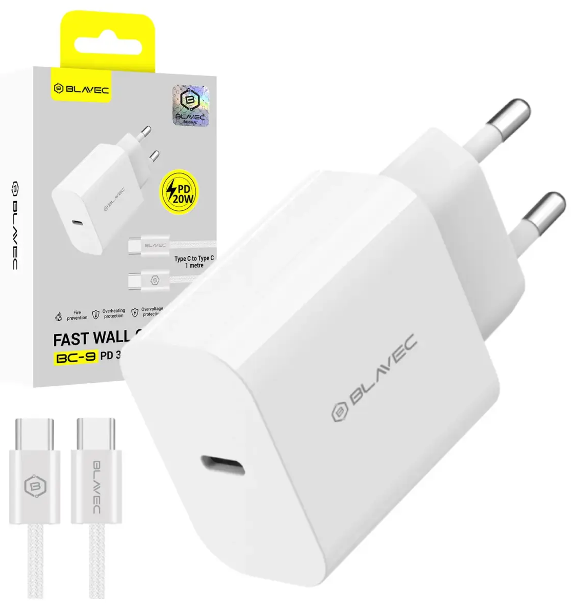 Blavec BC-9 tīkla lādētājs | 20W | PD | USB-C | ar USB-C uz USB-C vadu komplektā | balts