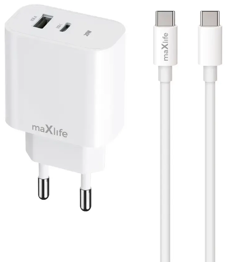 Maxlife MXTC-06-20AC зарядное устройство | 20W | PD, QC | USB-C, USB | с проводом USB-C на USB-C в комплекте | белое