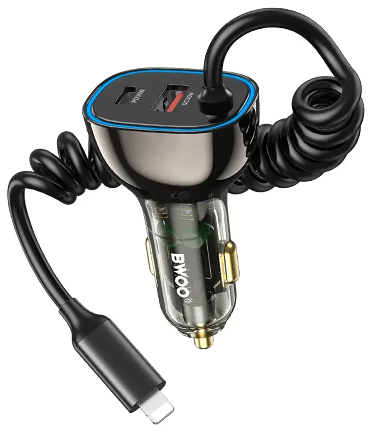BWOO CC96L automobilinis įkroviklis | 30W | PD | USB-C, USB-A, Lightning | su USB-C į Lightning laidu komplekte | pilkas