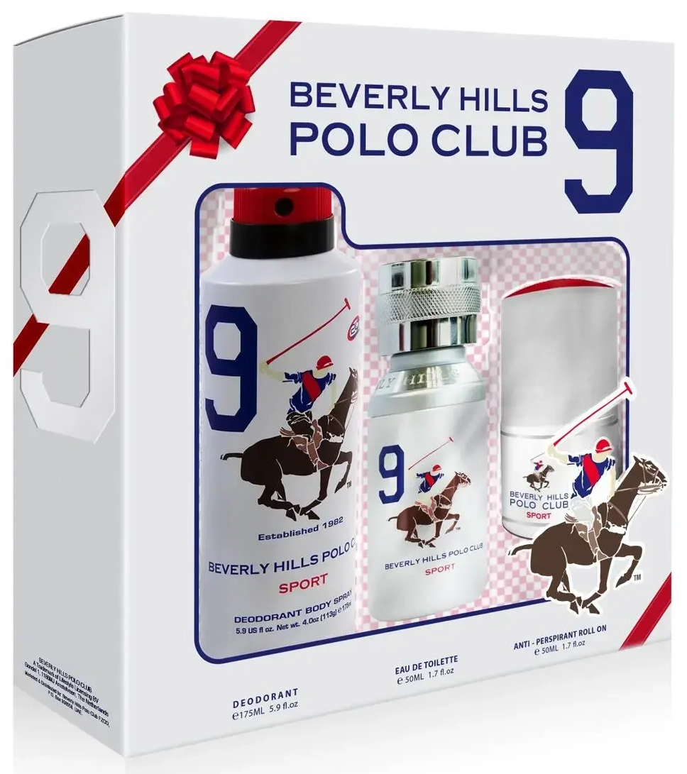 Beverly Hills Polo Club rinkinys: 1982 - Sport 9, tualetinis vanduo, vyrams, 50 ml + 1982 - Sport 9, antiperspirantas, purškiamas dezodorantas, vyrams, 175 ml + 1982 - Sport 9, antiperspirantas, rutulinis dezodorantas, vyrams, 50 ml