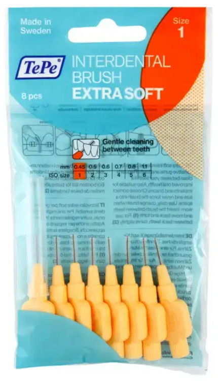 TePe Interdental Brush Extra Soft  Supersoft Dental Brush for Teeth Cleaning  Pack of 8  0.45 Mm  Extra-Small/Small Gaps  Orange  Size 1