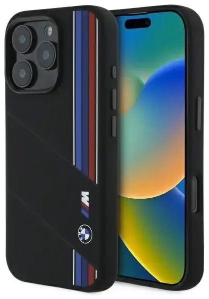 BMW BMHMP16X23SCUK iPhone 16 Pro Max      6.9" czarny|black hardcase Silicone Cut Tricolor Lines MagSafe