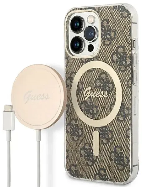 Zestaw Guess GUBPP13XH4EACSW Case+ Charger iPhone 13 Pro Max brązowy|brown hard case 4G Print MagSafe
