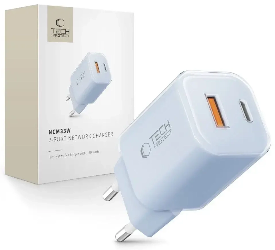 Tech-Protect NCM33W 2-port tīkla lādētājs | 33W | PD, QC3.0 | USB-C, USB-A | zils