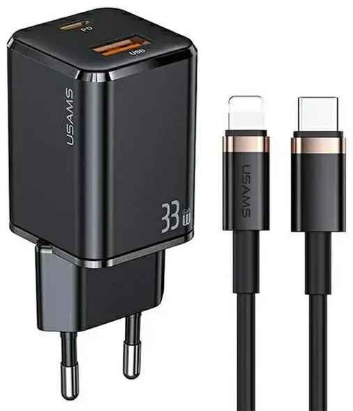 USAMS T43 tīkla lādētājs | 33W | PD3.0, QC3.0 | USB-C, USB-A | USB-C uz Lightning vads komplektā | melns