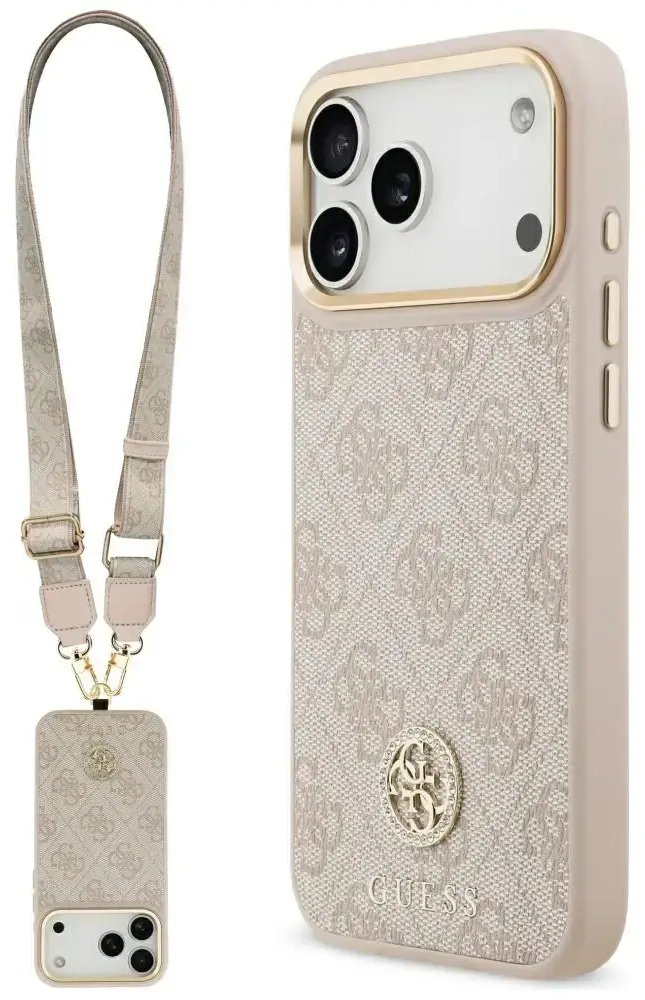 Case Guess 4G Strass Logo & Big Strap    Metal Buttons MagSafe for iPhone 17 Pro Max pink